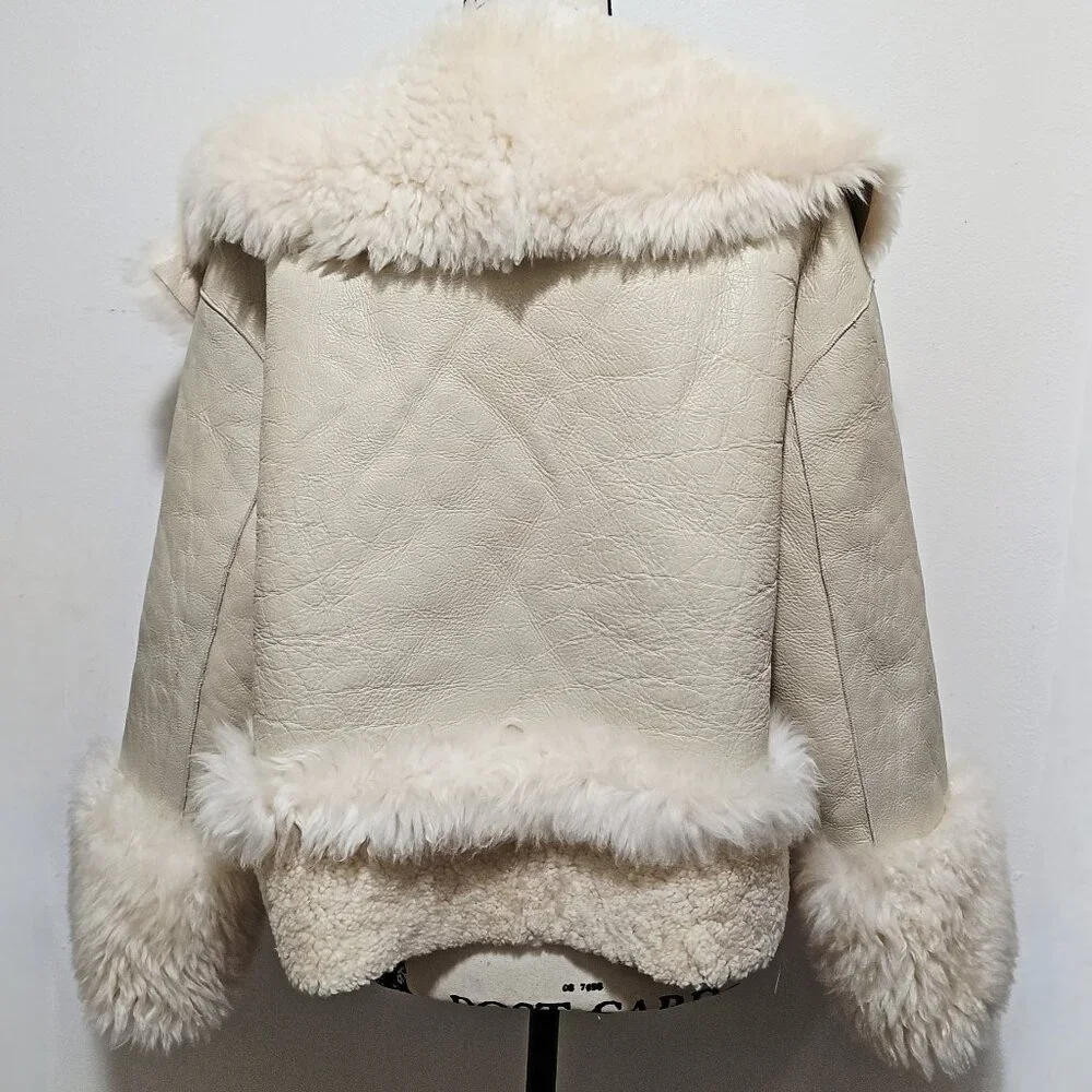 New Merino Toscana Sheepskin Shearling Lamb Fur Coat Jacket Cream White Leather - Picture 4 of 6